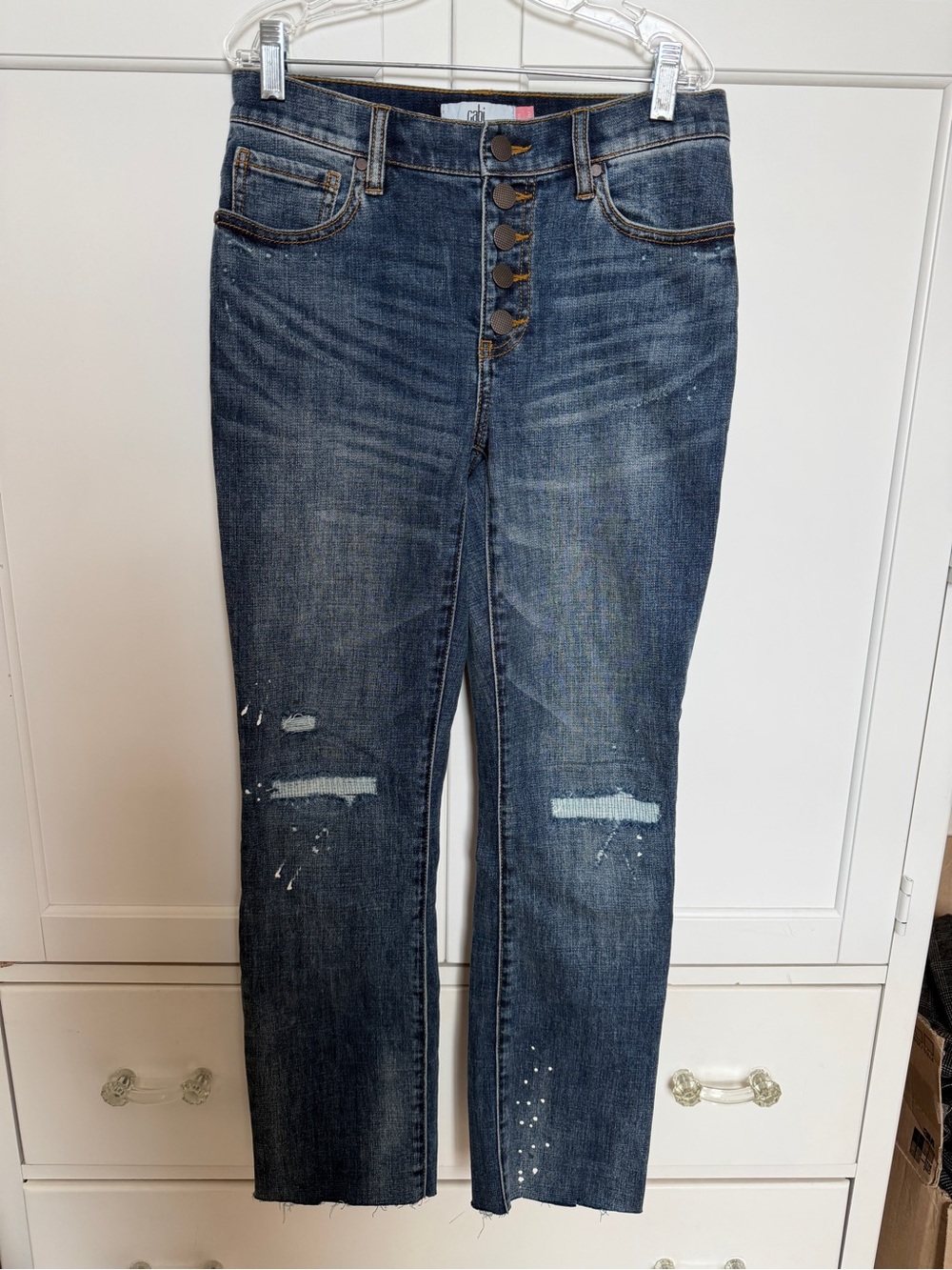 CAbi Women's Straight Leg Jeans in Dark Blue with Button-Fly- Distressed